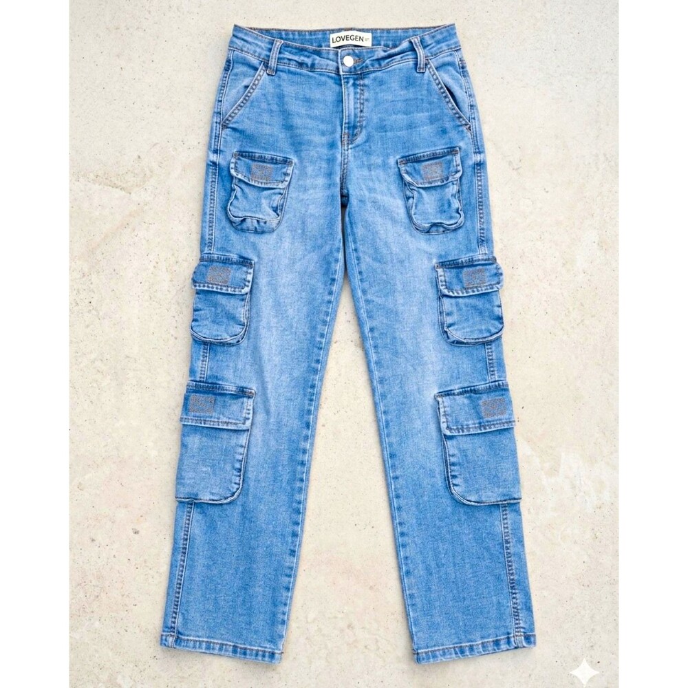 LOVEGEN Women’s Cargo Jeans Size 27 Light Wash Denim Multi Pocket Utility Y2K
